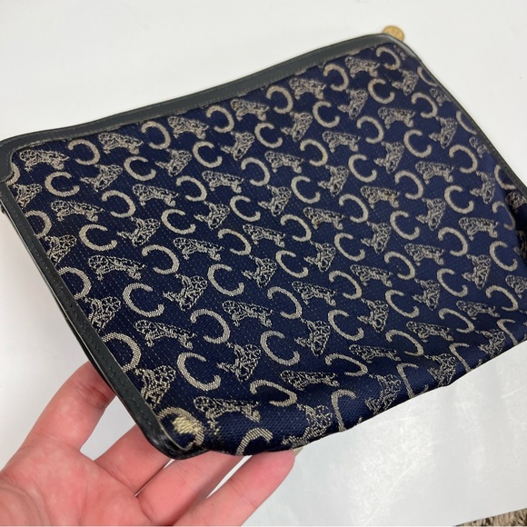 CELINE Clutch Bag C Macadam Blue Logo Carriage Cloth Nylon Leather Purse